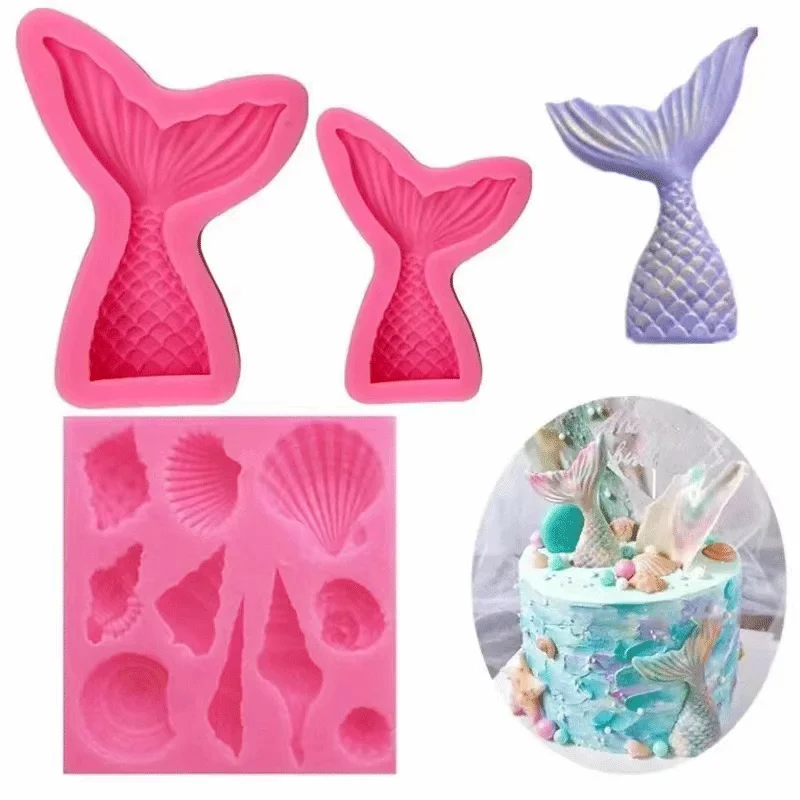 4-Piece Fishtail Silicone Mold DIY Conch Shell Chocolate Fudge Baking Mold Party Cupcake Decoration Tools Kitchen Fudge Gadgets