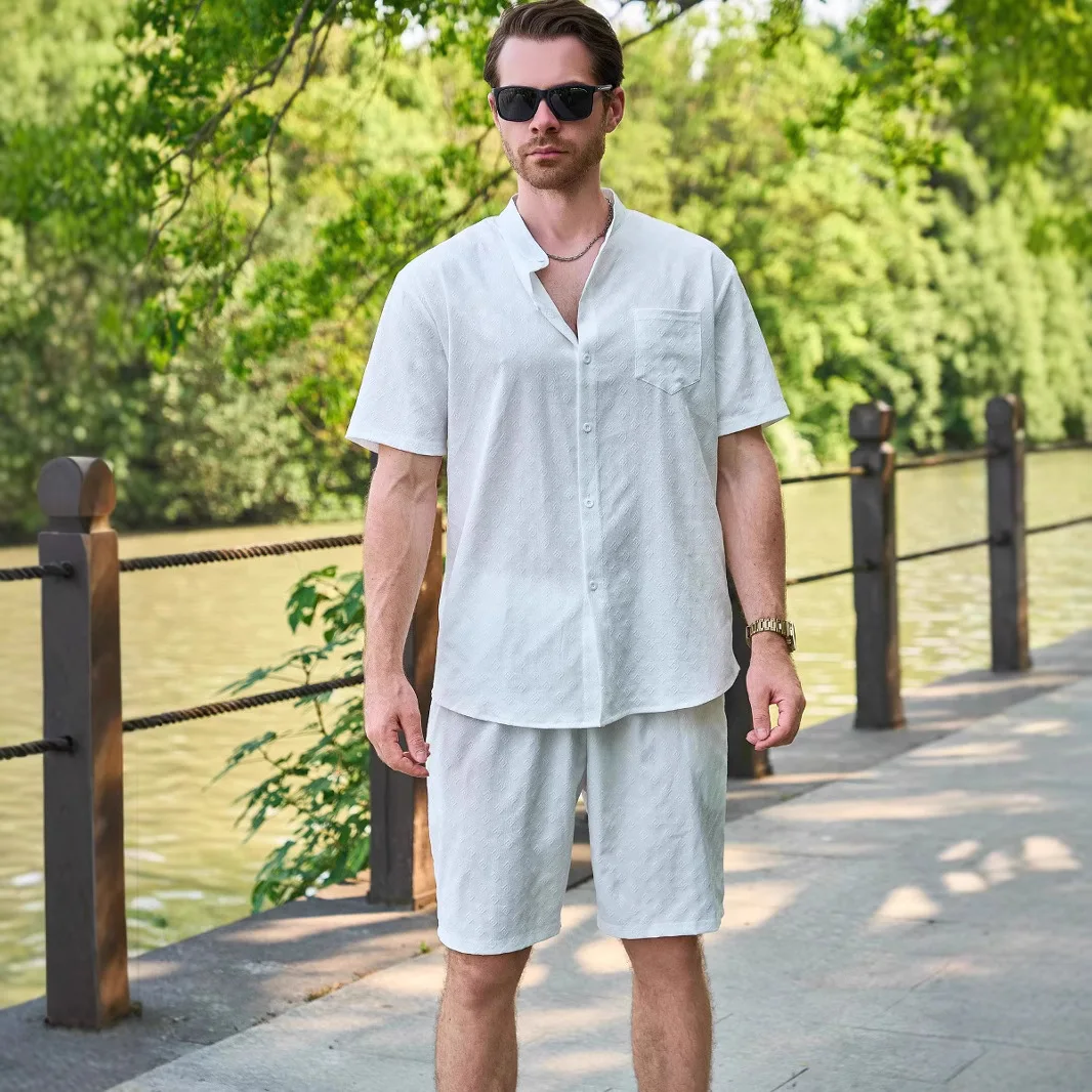 New Summer Men's Jacquard Shirt Casual Stand-up Collar Pocket Cardigan Short-sleeved Shorts Set
