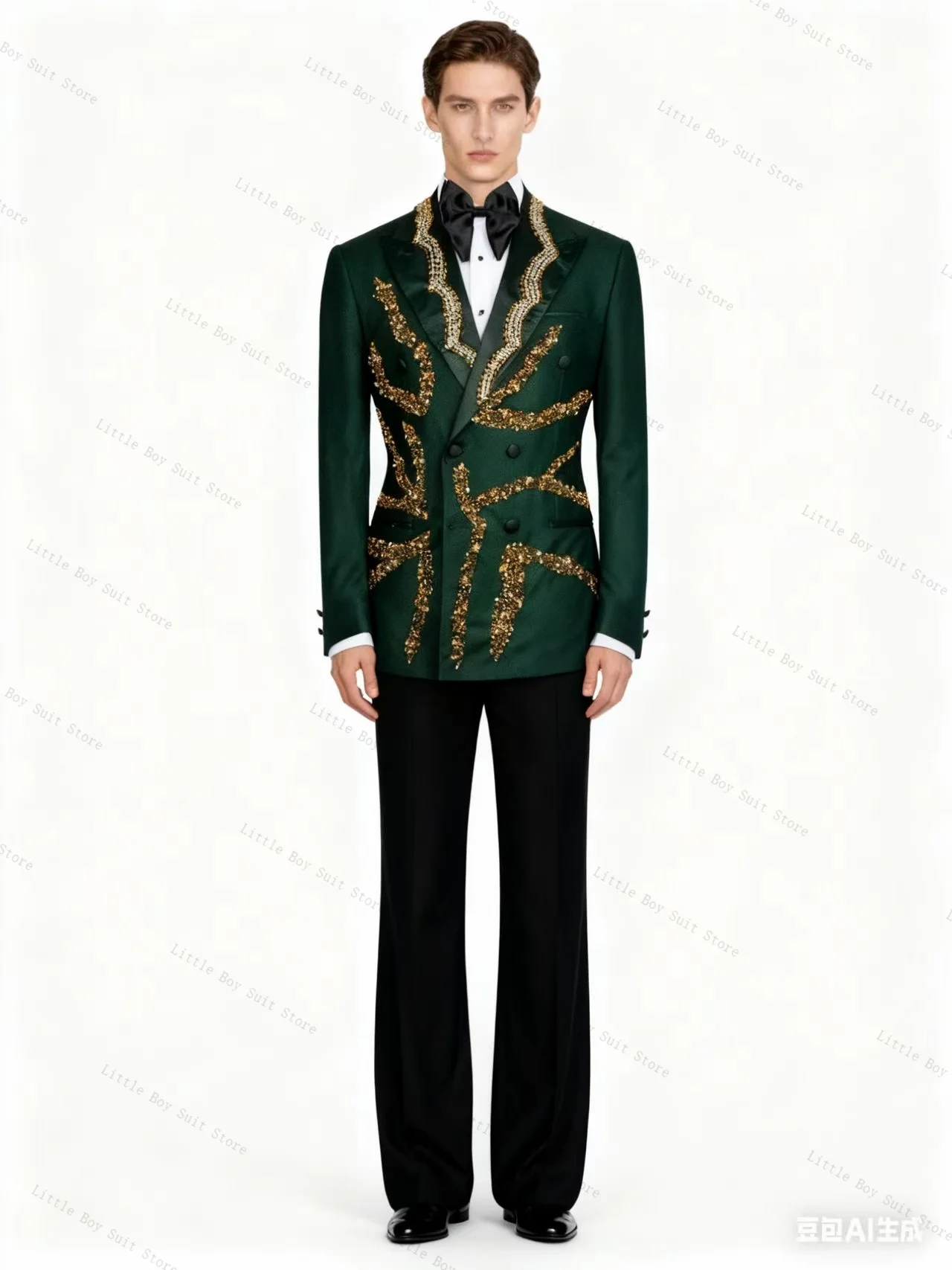 

Gold Crystals Men Suit Set 2 Pcs Green Wedding Tuxedo Jacket Blazer Pant Black Cotton Formal Office Party Coat Customized