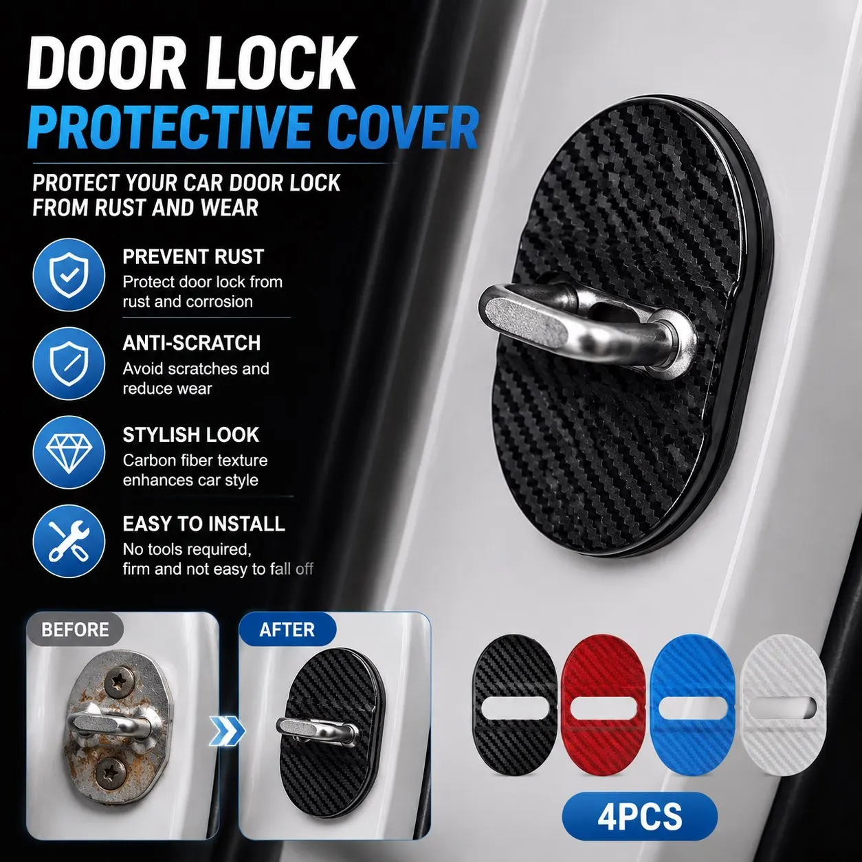 Carbon Fiber Texture Car Door Lock Protective Cover 4PCS Self-adhesive Car Decorative Accessories Car Door Lock Anti Rust Sleeve