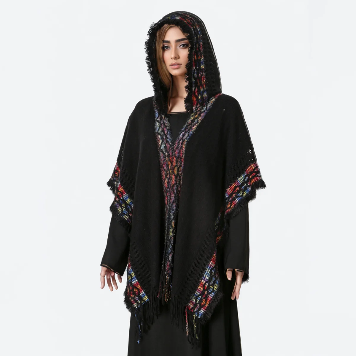 Wholesale Women Tassel Ladies Hooded Shawl Pullover Stripe Warm Knitted Cloak Scarf Warmer Knit Hooded Poncho Cape Sweater