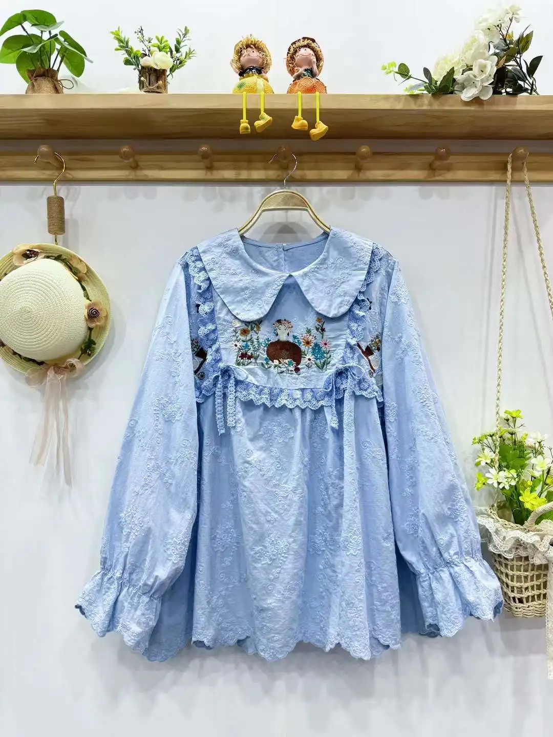 Sweet Mori Girl Floral Print Lace Embroidery Cotton Shirt Women Autumn Kawaii Peter Pan Collar Long Sleeve Casual Loose Blouse