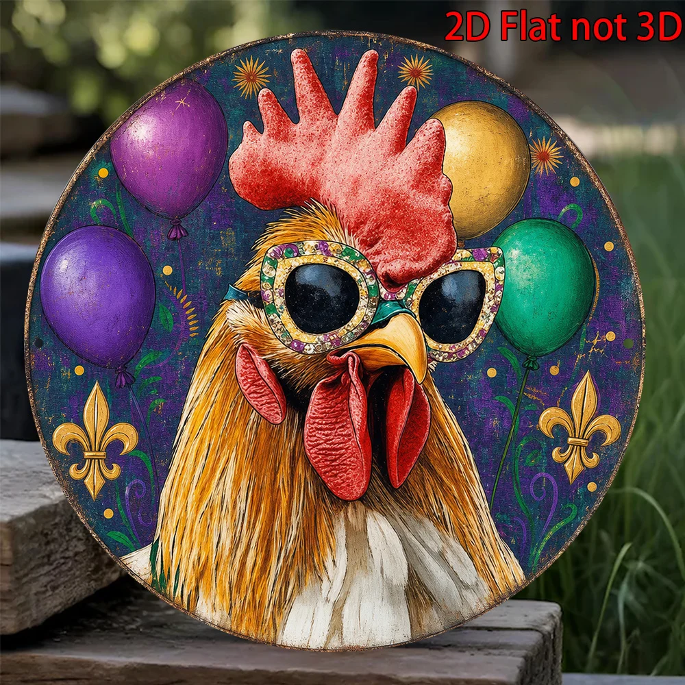 2D Flat, 1pc 8x8in/20x20cm 2D Flat Round Aluminum Sign, Vintage Rooster Party Aluminum Plaque, Mardi Gras Decorative Sign, Suita