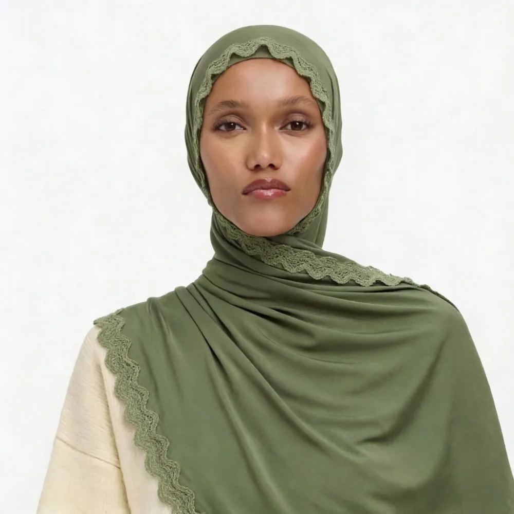 Hijab en jersey liquide de qualité supérieure à bordure en dentelle, imprimé dégradé bronzant, foulards et turbans pour femmes