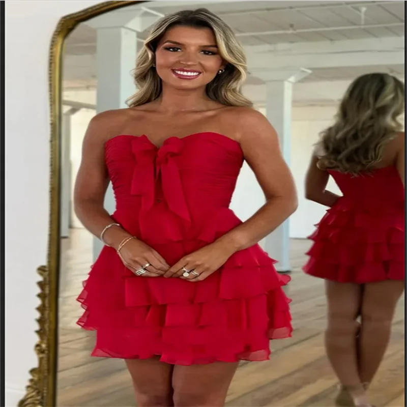 Rüschen trägerlose Abendkleider Chiffon Mini kurzes Cocktailpartykleid elegante Falte A-Linie Ballkleider 2025, individuell gestaltet
