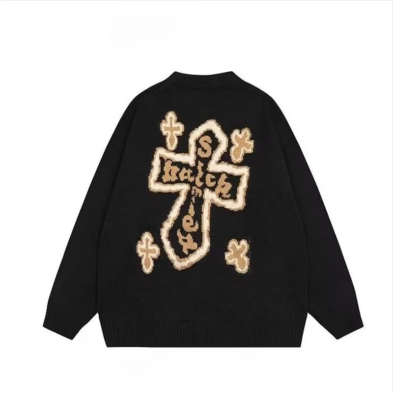 

Fashionable American Ins Pullover Sweater Youth Popular Cross Graffiti Jacquard Knitted Men's 2024 New Harajuku Lazy Style Top