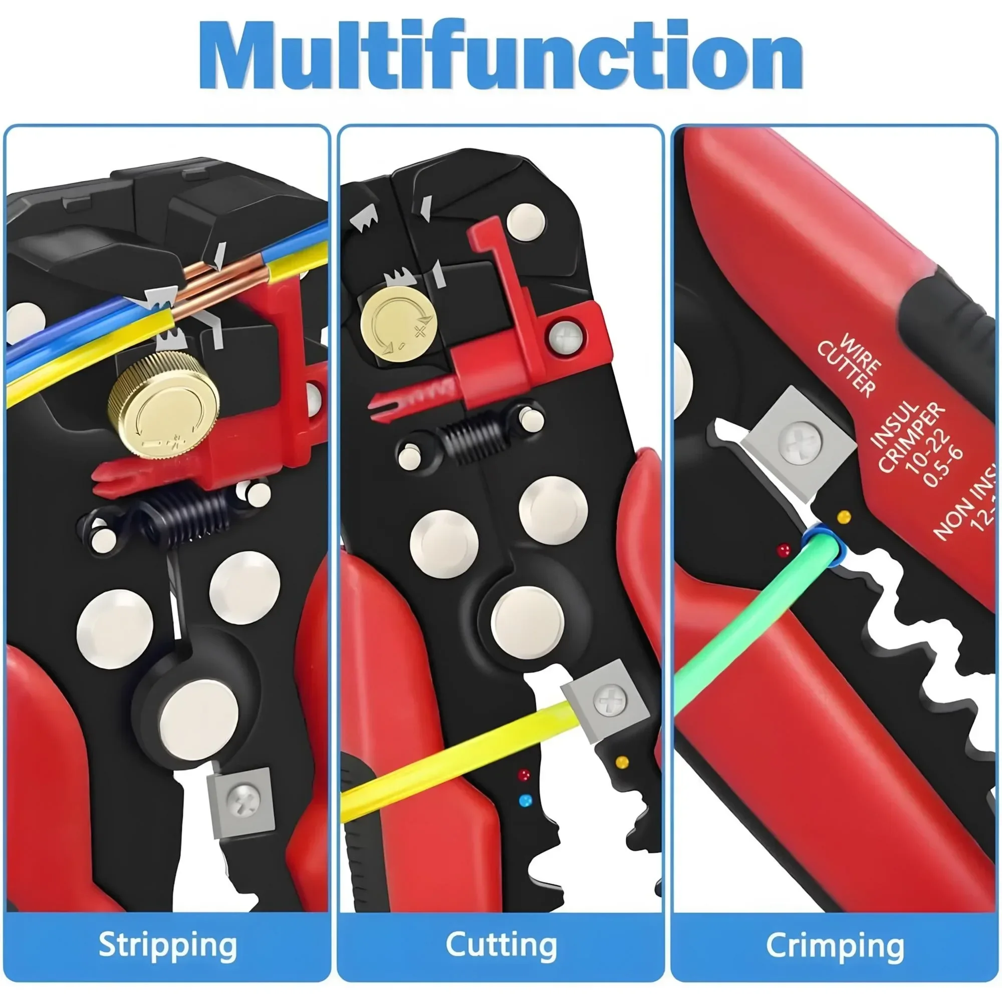 Self Adjusting 3 in 1 Wire Stripper for AWG 10 22 Solid Wires Effortless Stripping Cutting and Crimping Tool