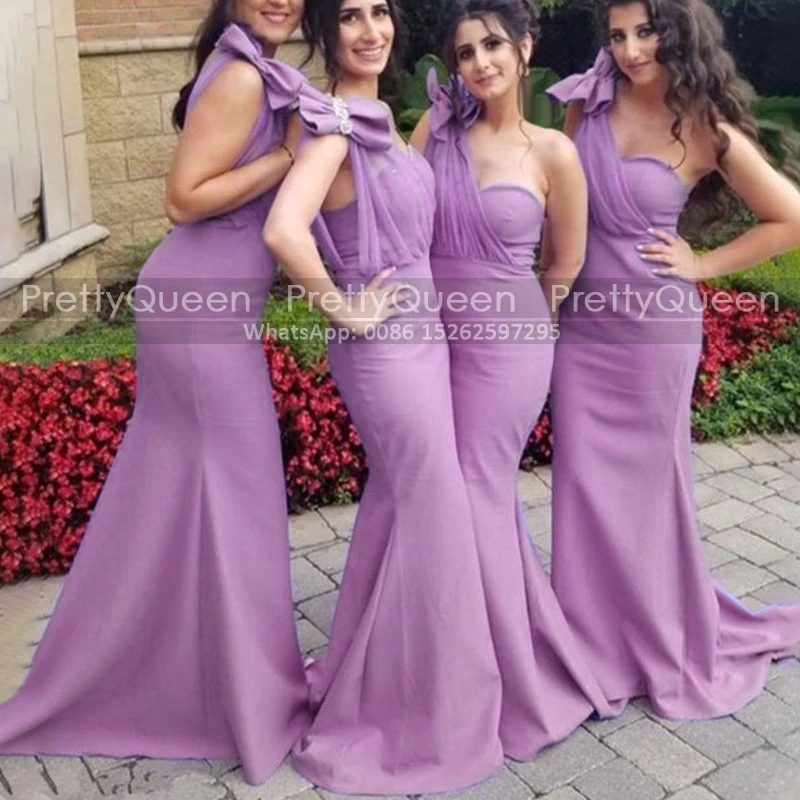 

Customized Lavender Mermaid Bridesmaid Dresses With Bow Sheer One Shoulder Long Trumpet Wedding Party Dress Maid Of Honor
