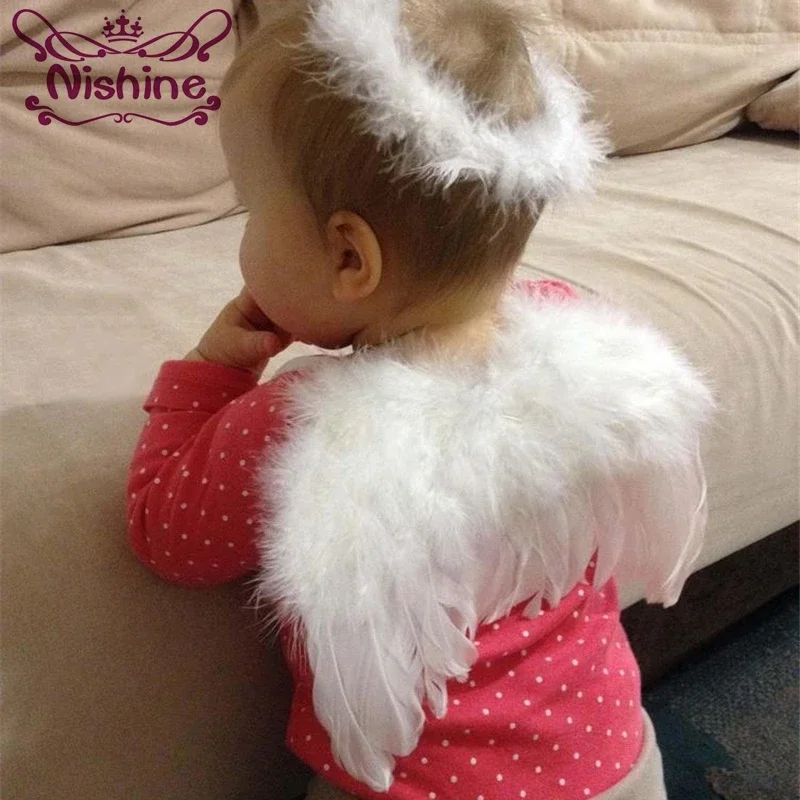 2pcs/lot Infant Newborn Photo Prop Kids Angel Fairy Feather Wing Costume with Feathers Headband Children Christmas Party Decor