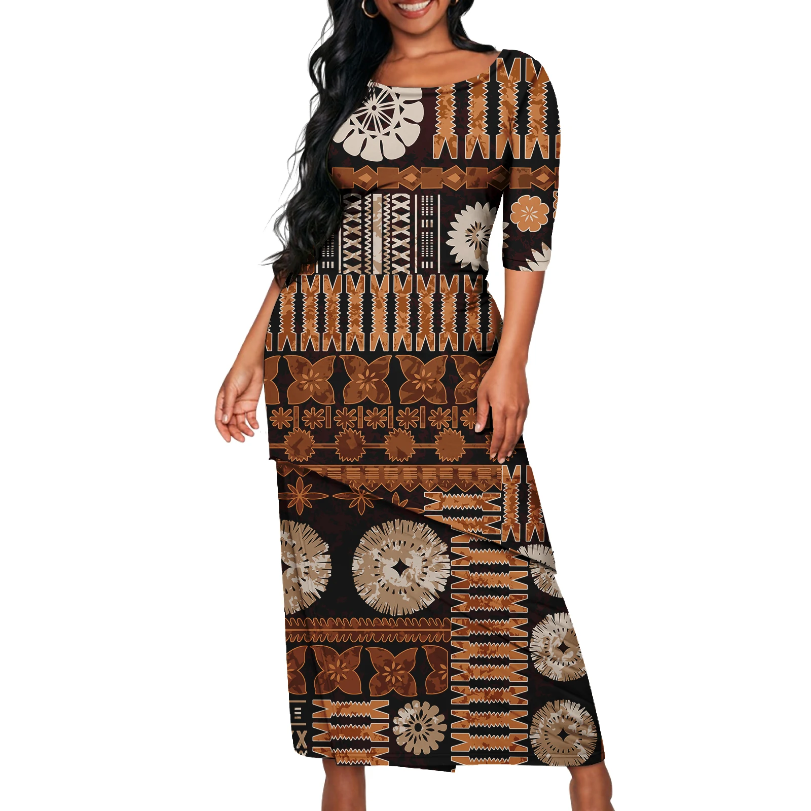 Samoan Puletasi Plus Size Women\'s Clothing Tonga Fiji Tribal Maxi Dress Asia & Pacific Island Dress 2pcs Crewneck Womens Dress