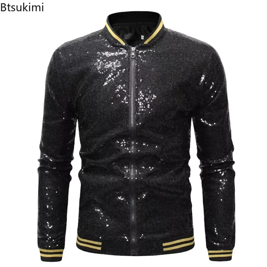 Chaquetas brillantes de lentejuelas para hombre, abrigos de estilo Punk con cremallera sólida, ropa para espectáculo de baile y fiesta de DJ en club nocturno, novedad de 2024