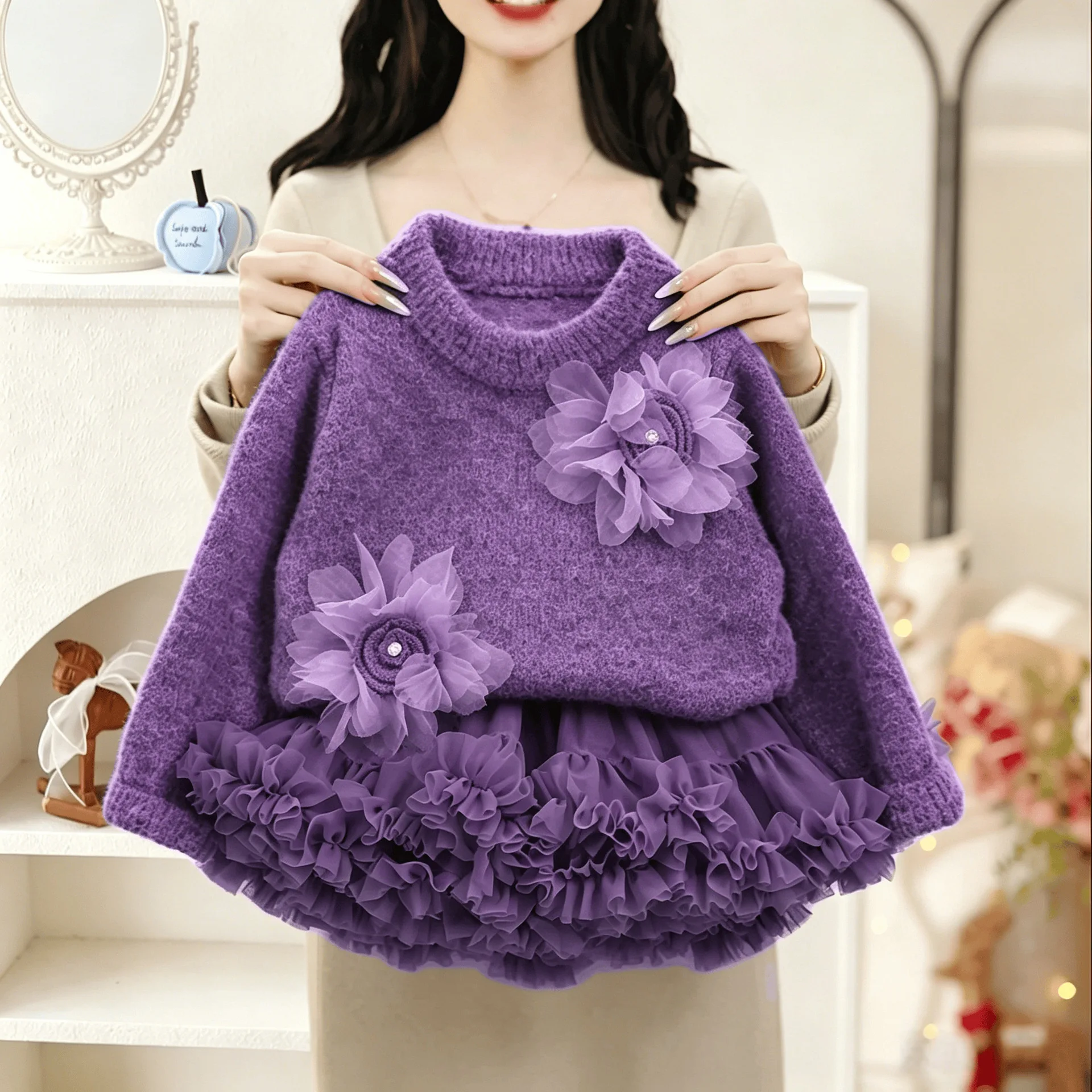 2026 Girls Fall Winter Soft Knit Pullover & Tutu Skirt Set, Big Floral Round Neck, Korean Princess Style Outfit for Toddler