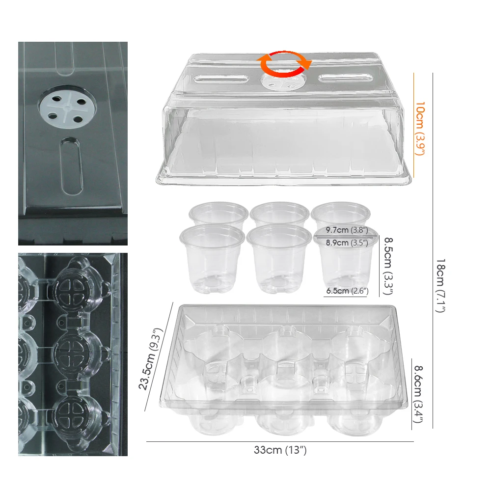 Transparency PET Nursery Grow Box Kit with 6 Seedling Cups Adjustable Vented Lid for Seed Germination Pot Home Garden Accessorie