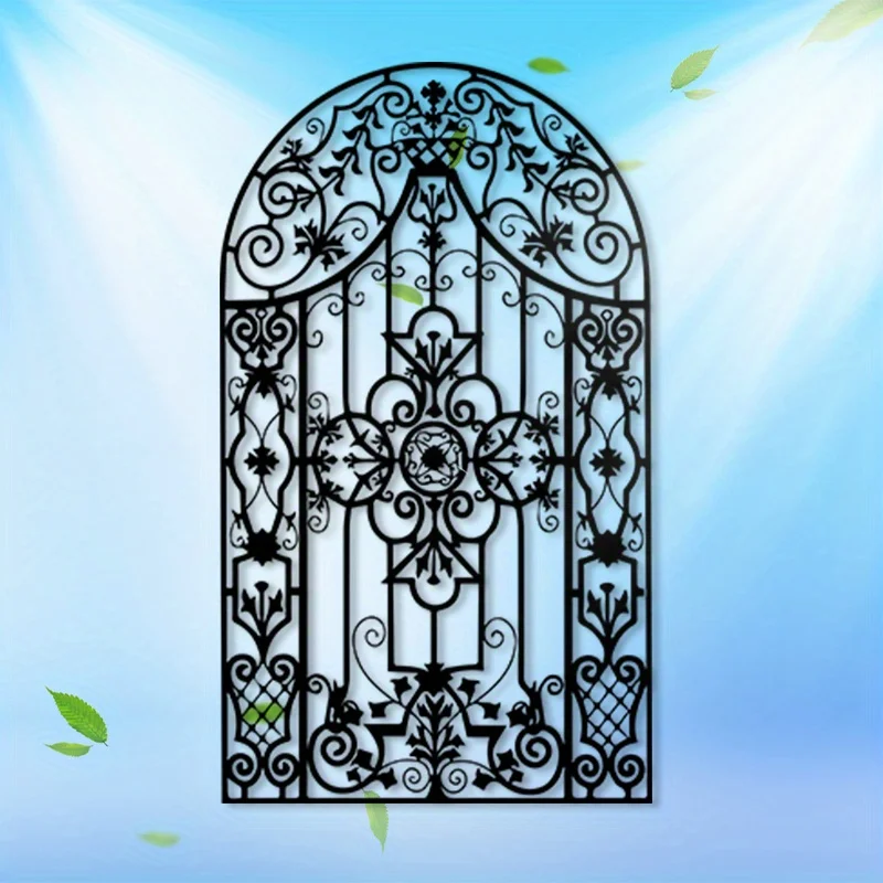 1pc Arched Window Metal Wall Art - Vintage Curved Arch Window Panel with Powder-Coated