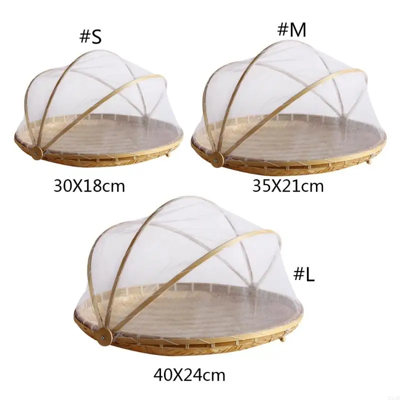 KX4B Handmade Tre Đan Giỏ Rau Quả Có Lưới Chống Muỗi Vòng Chống Bụi Len Dã Ngoại Khay Đựng Thực Phẩm Bánh Mì Với
