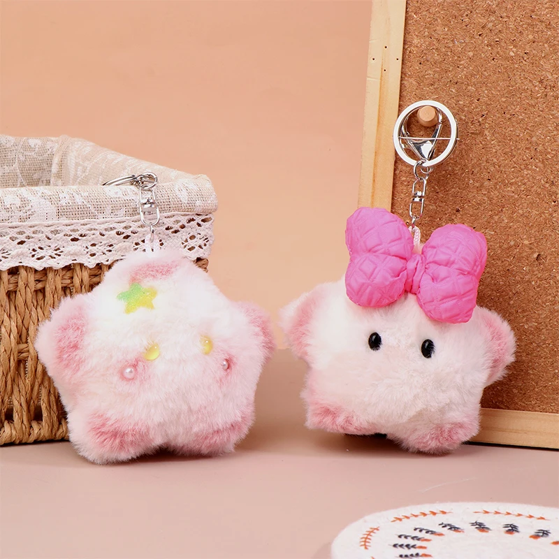 Squeaking Star Plush Toy Pink Bowknot Capibara Pendant Soft Stuffed Doll Keychain Car Key Ring Backpack Bag Decor Gift