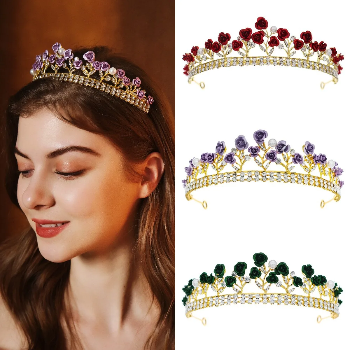 European Vintage Baroque Crown Princess Party Rose Bridal Tiara Crystal Rhinestone Alloy Metal Wedding Hair Accessories