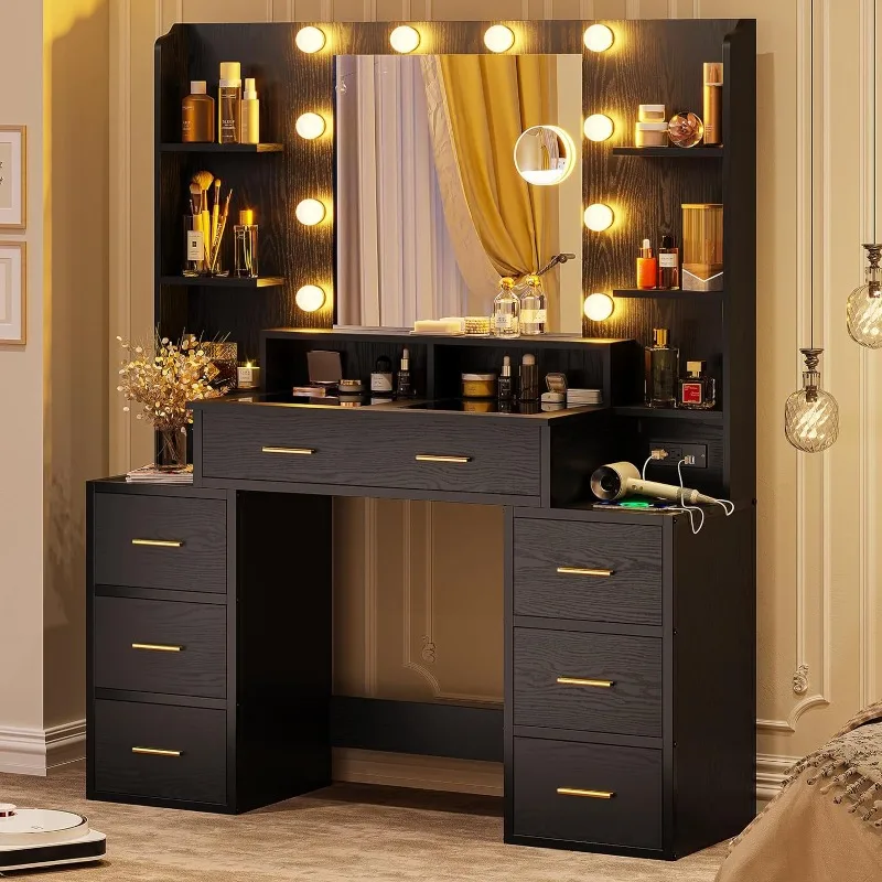 

Glass Top Makeup Vanity with Mirror and Lights,Vanity Desk with Power Strip&10x Magnifying Mirror,Vanity Table with Compartment