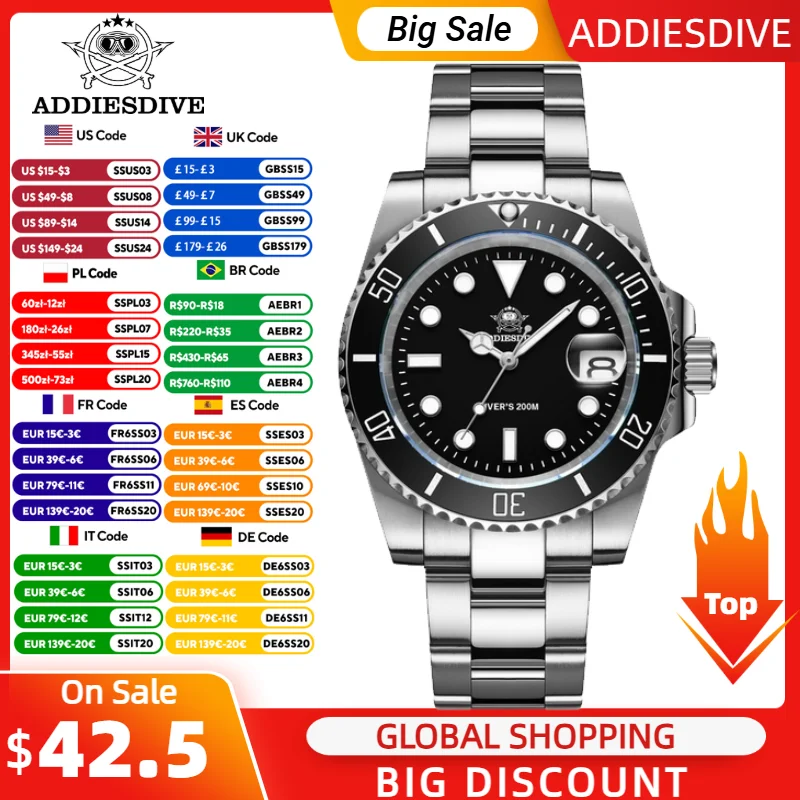 

ADDIESDIVE 41mm Men's Quartz Watch Super Luminous 200M Waterproof Diving Wristwatch Ceramic Bezel 316 Stainless Steel Watches