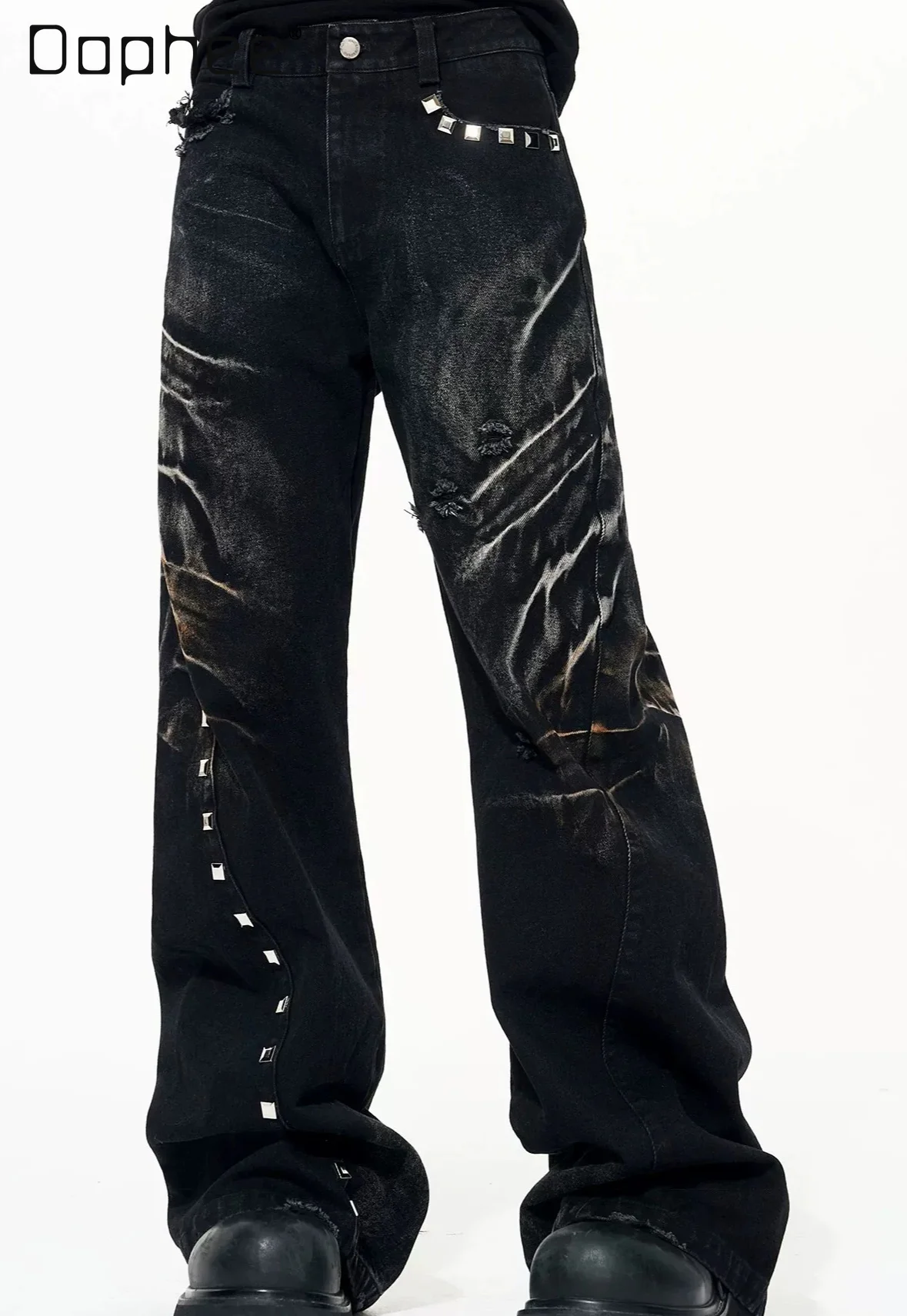 American Fashion Retro Punk Men's Jeans Pants Heavy Industry Rivet Versatile Casual Loose Straight Denim Trousers Men For Autumn