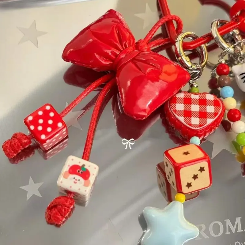 Kawaii Hello Kitty Gantungan Kunci Manik-manik Warna-warni Kartun KT Tas Jimat Busur Merah Tali Tenun Gantungan Kunci Wanita Ransel Liontin Hadiah Anak Perempuan