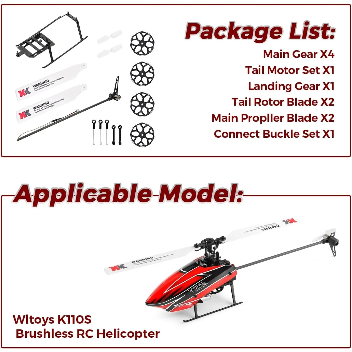 

Spare Accessory Kit, Compatible with WLtoys XK K110S RC Helicopter, Propeller kit, Landing Gear, Tail Motor Blade Gear Kit