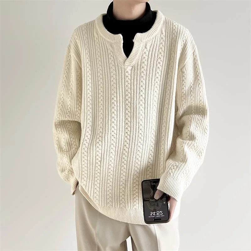 2025 Autumn Winter New Men Small V Neck Texture Jacquard Pullover Sweater Loose Warm Lazy Style Fashion Top
