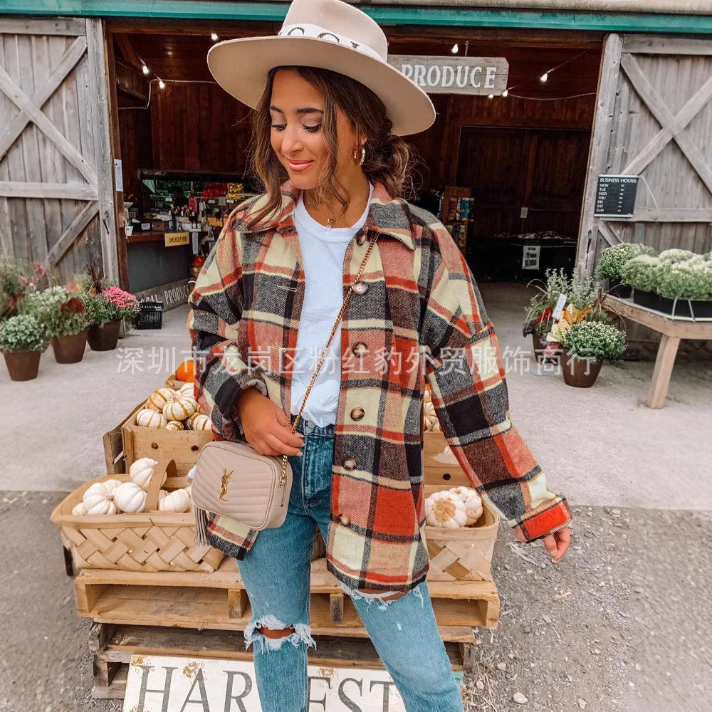 Europe America 2025 Autumn and Winter New Fashion Large Plaid Shirt Women's Woolen Jacket