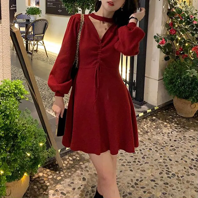 Christmas Knitted Halter Midi Dress V-Neck Women\'s Clothing Vintage Fashion Folds Autumn Winter Solid Color Basic A-Line Dresses