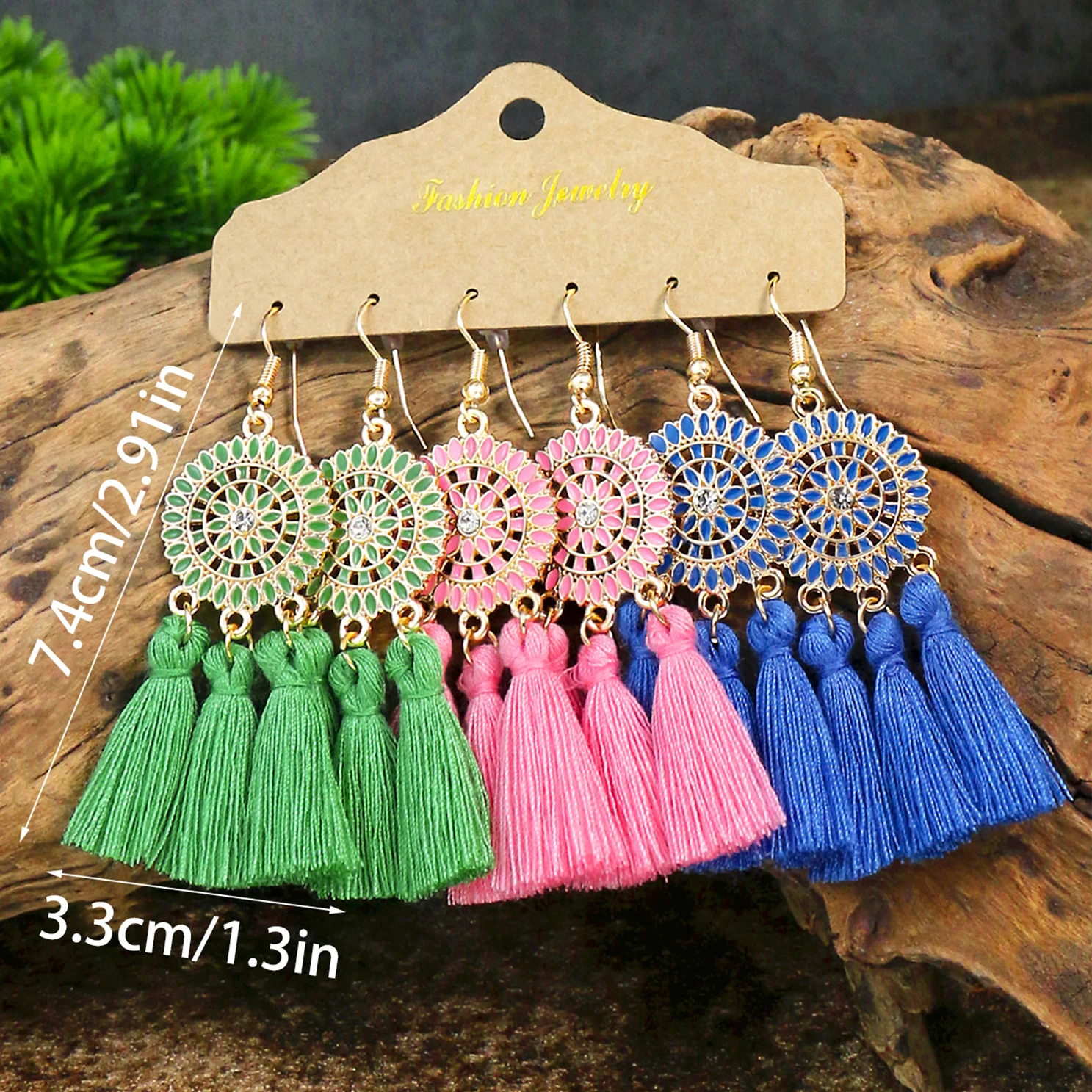 Boho Vacation Style Women Earrings Set Colored Tassel Design Rhinestone Inlay Round Earrings Court Style Jewelry Gifts