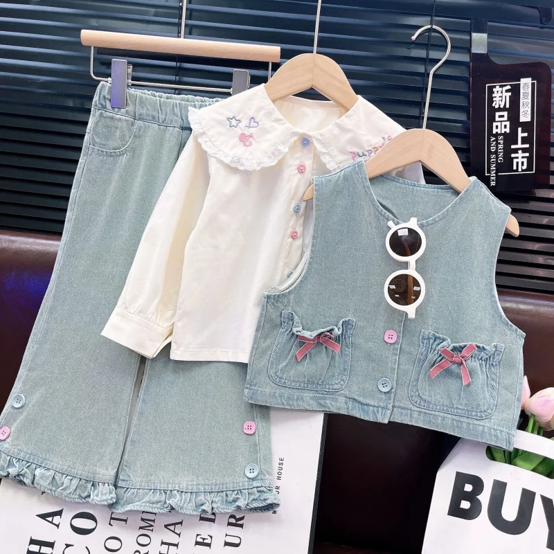 

Girls' Denim Suit Spring and Autumn2025New stylish and fashionable spring outfit for little girls Korean style three-piece set