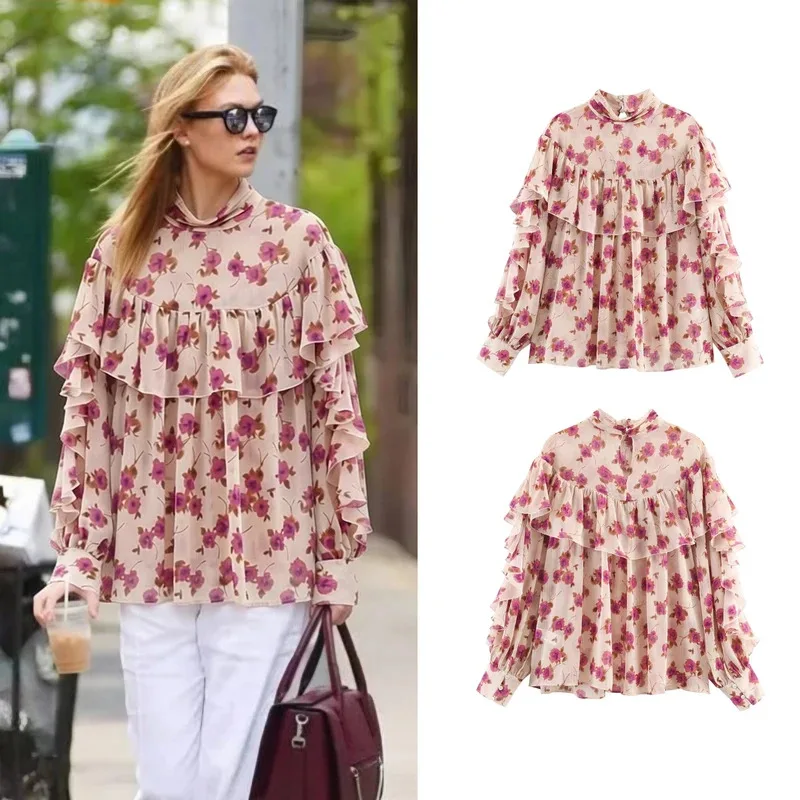 

Women's Spring French Style Fashion Pink Printed Stacked Decorative Blouse Female Elegant Senior Ruffle Shirts Lady Cute Blouse
