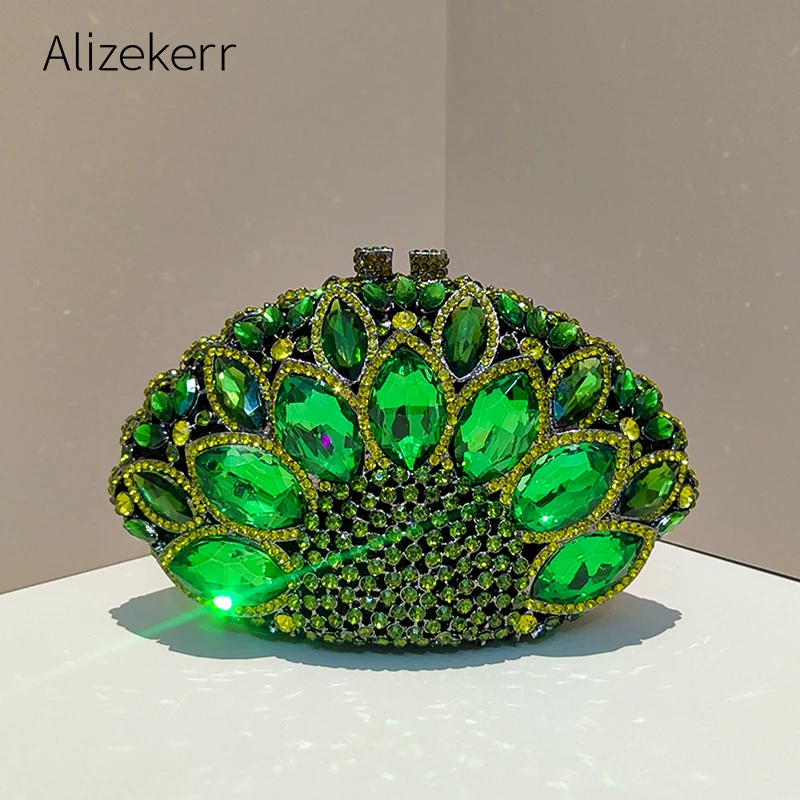 

Alizekerr Fan Shaped Crystal Evening Bags Women Boutique Gorgeous Classy Sparkling Gemstone Clutch Purses Bridal Wedding Party