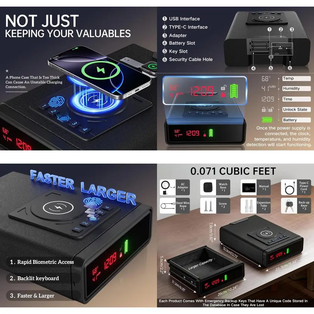 

Биометрический сейф для оружия с беспроводной зарядкой, компактный сейф для денег с быстрым доступом по отпечатку пальца, сейф для пистолета с цифровыми часами 24/7, Valentin