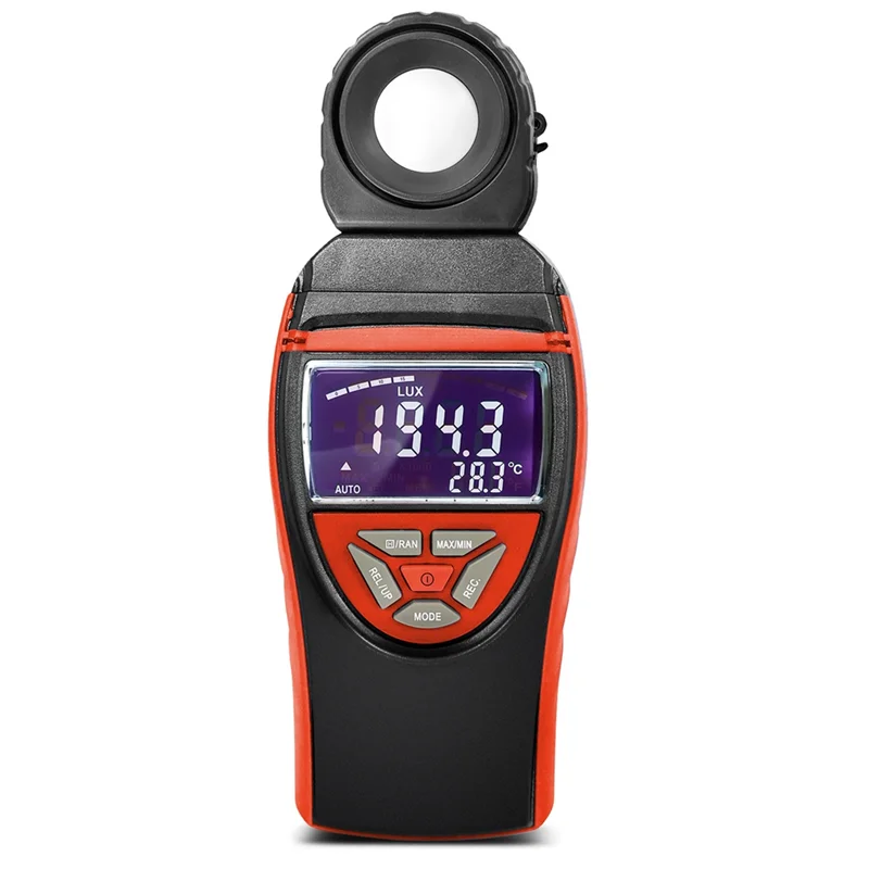 

A84X-измеритель освещенности 270г. ° Вращающийся детектор, цифровой люксметр с большим цветным дисплеем с подсветкой, измеритель температуры