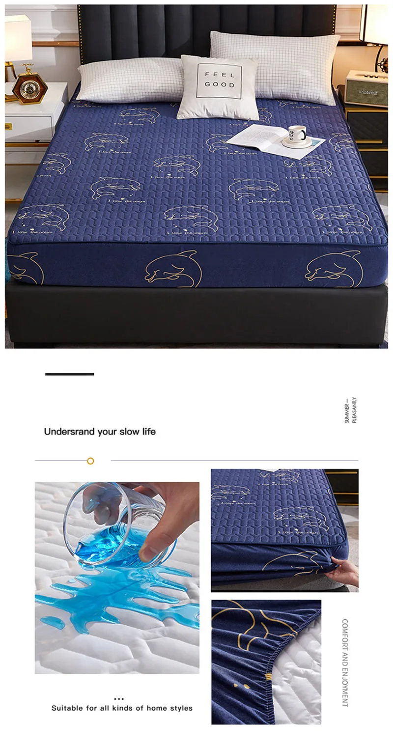Cartoon Quilting Waterproof Fitted Sheet Cute Printed Padded Mattress Protector Skin-Friendly Non-Slip Mat with Elastic Band