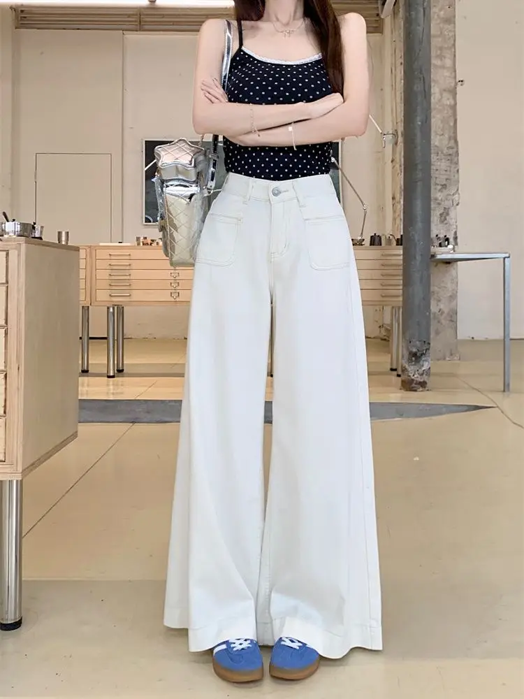 White Wide Leg Jeans, Women's High Waisted Loose Straight Leg Pants With A Hanging Sensation, Floor Length Pants