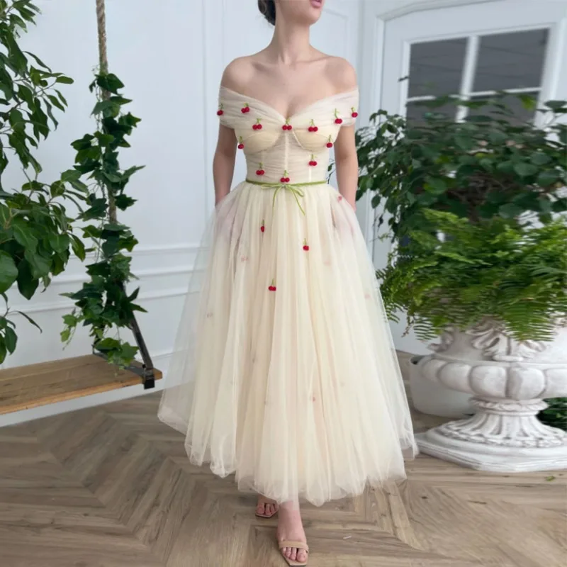 Customized Champagne Tulle Cherry Sweetheart Prom Dresses Off The Shoulder A Line With Pockets Vestidos De Fiesta Ankle Length E