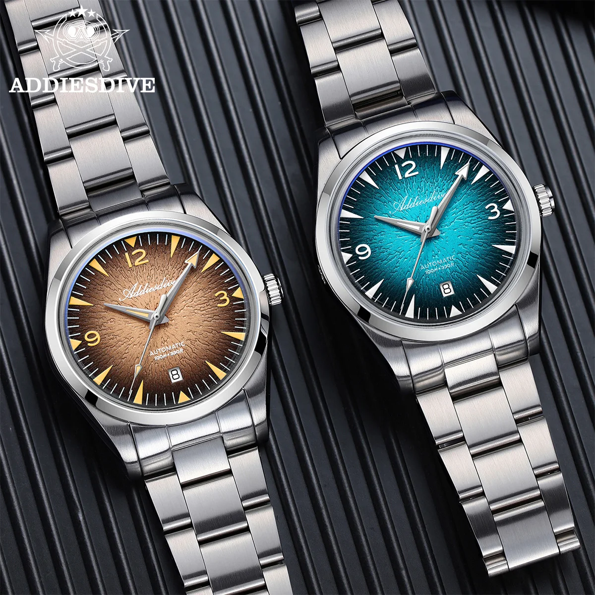 Reloj de pulsera mecánico automático ADDIESDIVE, 39mm, textura de onda degradada, recubierto de AR, cúpula, resistente al agua, relojes luminosos de 100m para hombre