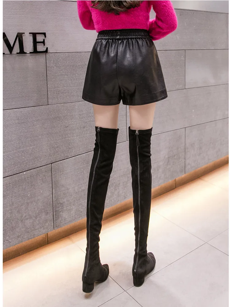 Faux Leather Shorts With Pockets PU Elastic leather boot pants overalls Up Pants Black Thick Sexy Leggings for Women Female