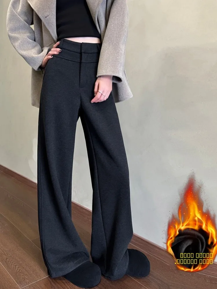 

Женские шерстяные брюки с высокой талией на флисовой подкладке, прямые, широкие, в корейском стиле, для офиса и повседневной носки