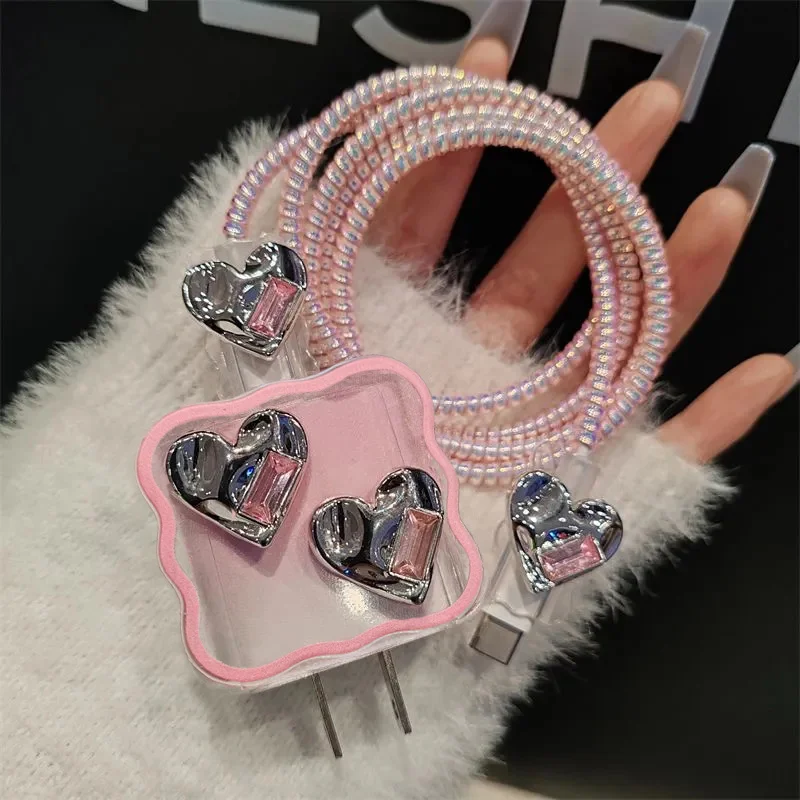 Korea Pink Cute Diamond Love Heart Charger Cover For IPhone 11 12 13 14 15 18W-20W Charge Protection Cover Clear Charger Sleeve