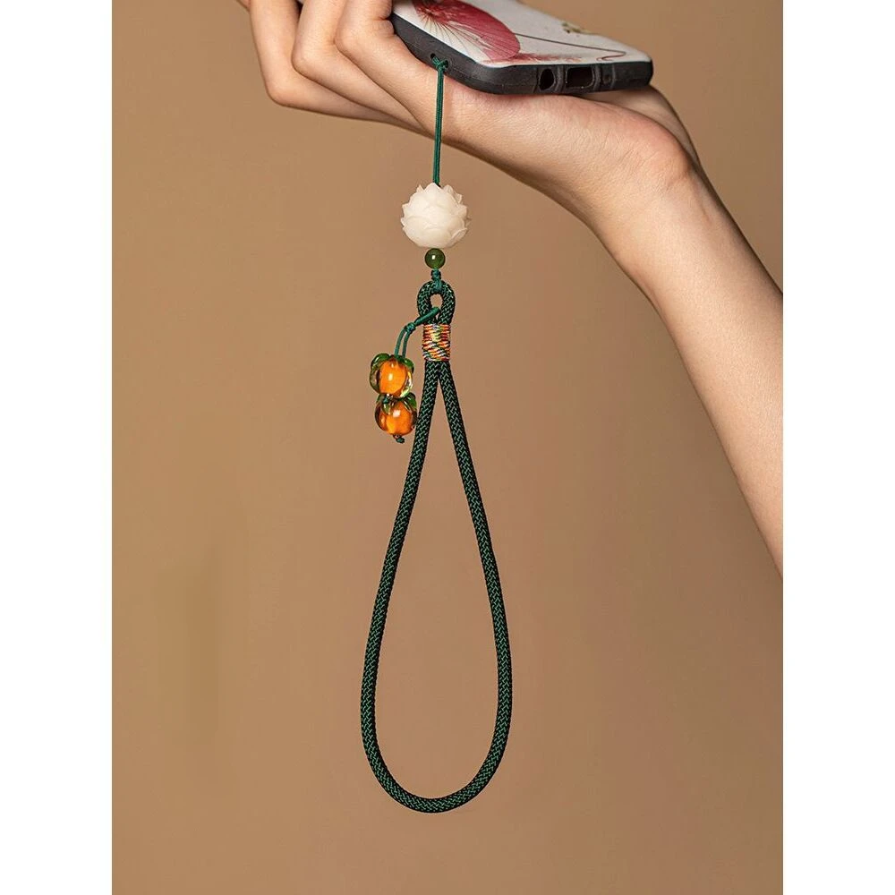 Chinese Style Good Luck Persimmon Phone Charm Glass Bead Wrist Strap Sturdy Anti-lost Cellphone Lanyard Keychain