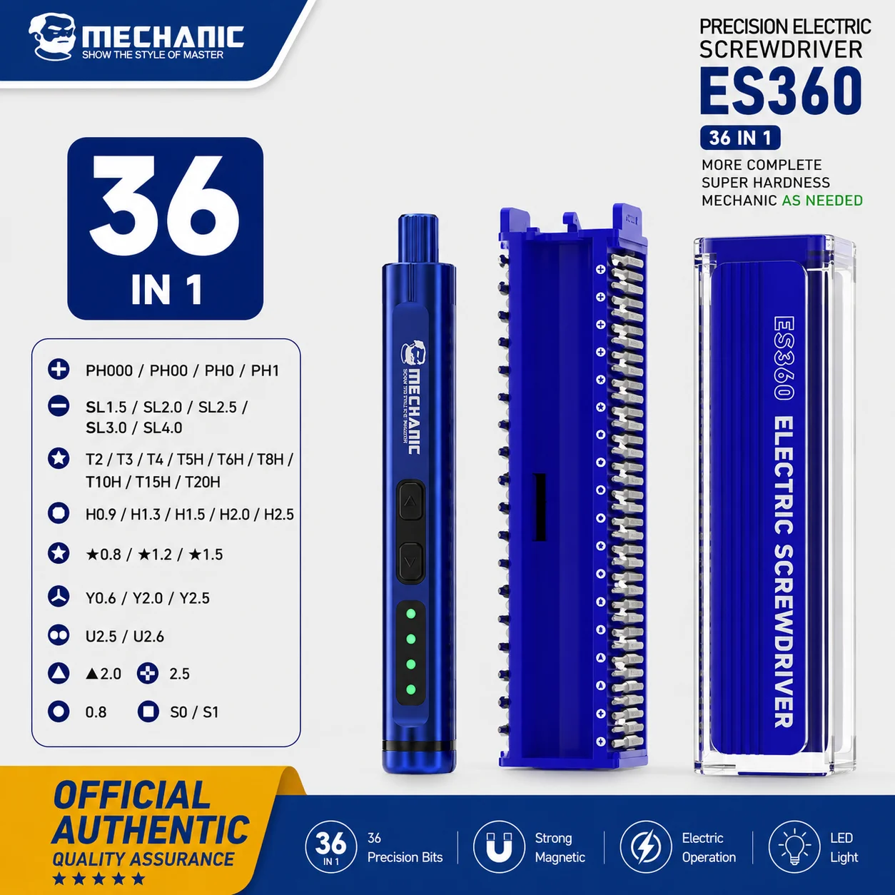 MECHANIC ES360 36-in-1 Electric Precision Screwdriver Set Magnetic Bits LED Light Electric Manual Dual Mode for Phone PC Repair