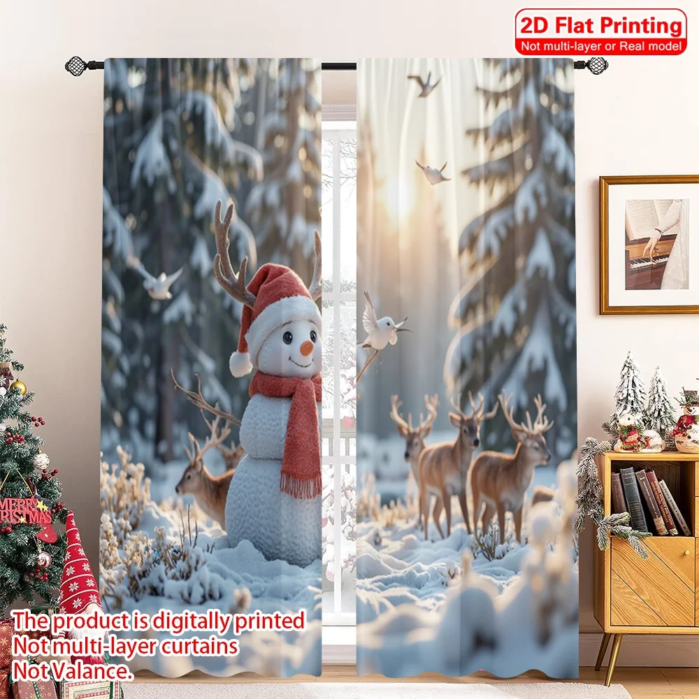 

2pcs 2D flat printing Christmas Scene Curtain Snowman deer birds winter forest 100% Polyester Without Electricity Party &