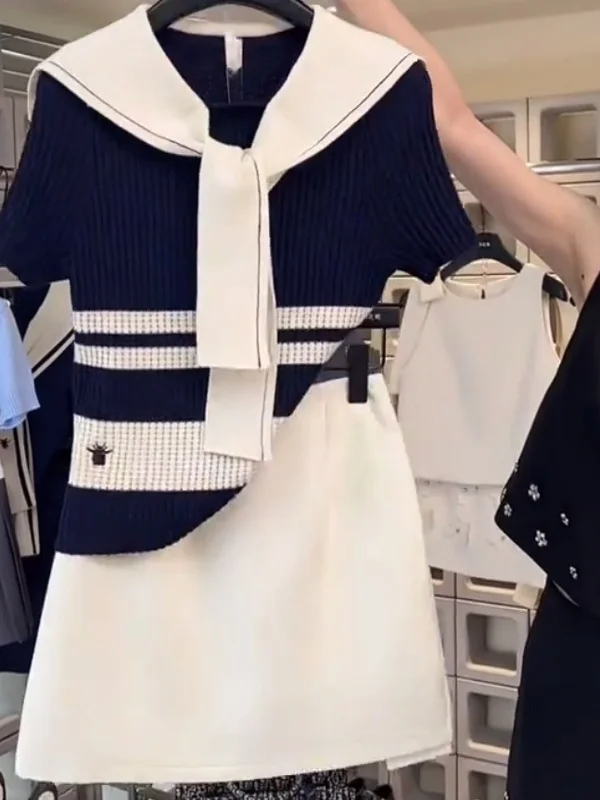 

Новая летняя свободная утягивающая футболка с запахом темно-синего цвета в полоску, вязаный топ с запахом irt oulder для женщин