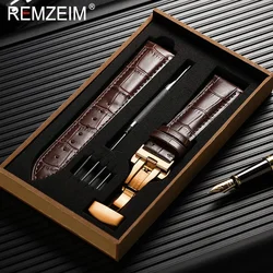 REMZEIM-신제품 송아지 가죽 시계 밴드 16mm 17mm 18mm 19mm 20mm 21mm 22mm 23mm 24mm, 천연 가죽 시계 밴드 스트랩 상자 포함