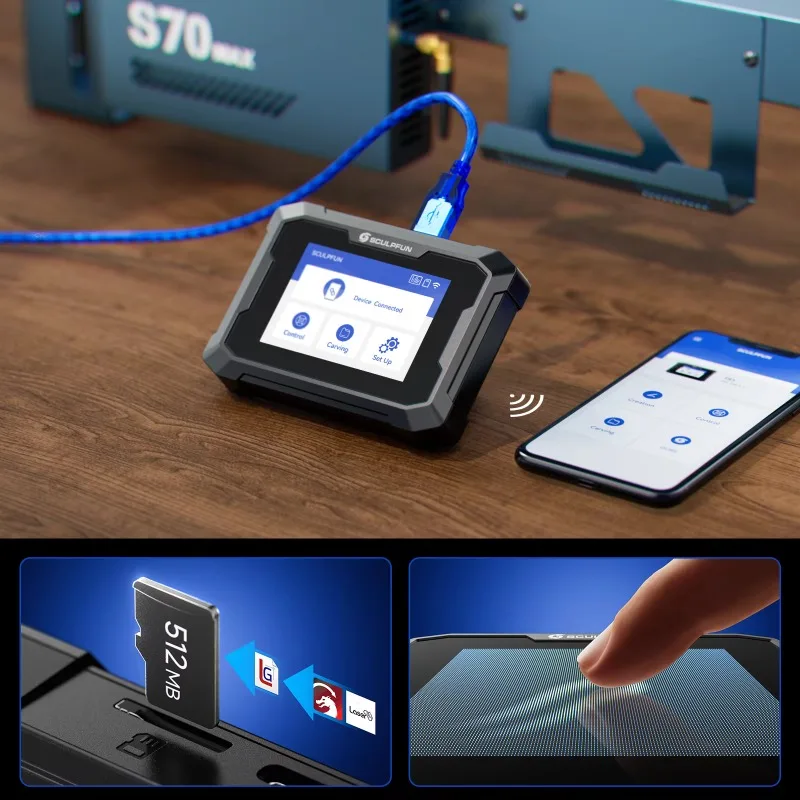 S70 Max 70W بنقرة واحدة التركيز التلقائي 830 * 800 مم منطقة النقش بالليزر آلة القطع مع مجموعة مساعدة الهواء 50L