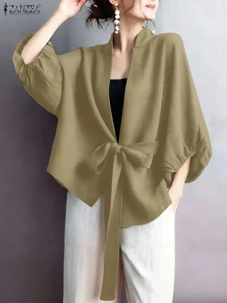 2025 ZANZEA Elegant V Neck Lantern Sleeve Cardigan Shirt Autumn Women Tops Stylish Solid OL Work Blouse Casual Lace-Up Blusas