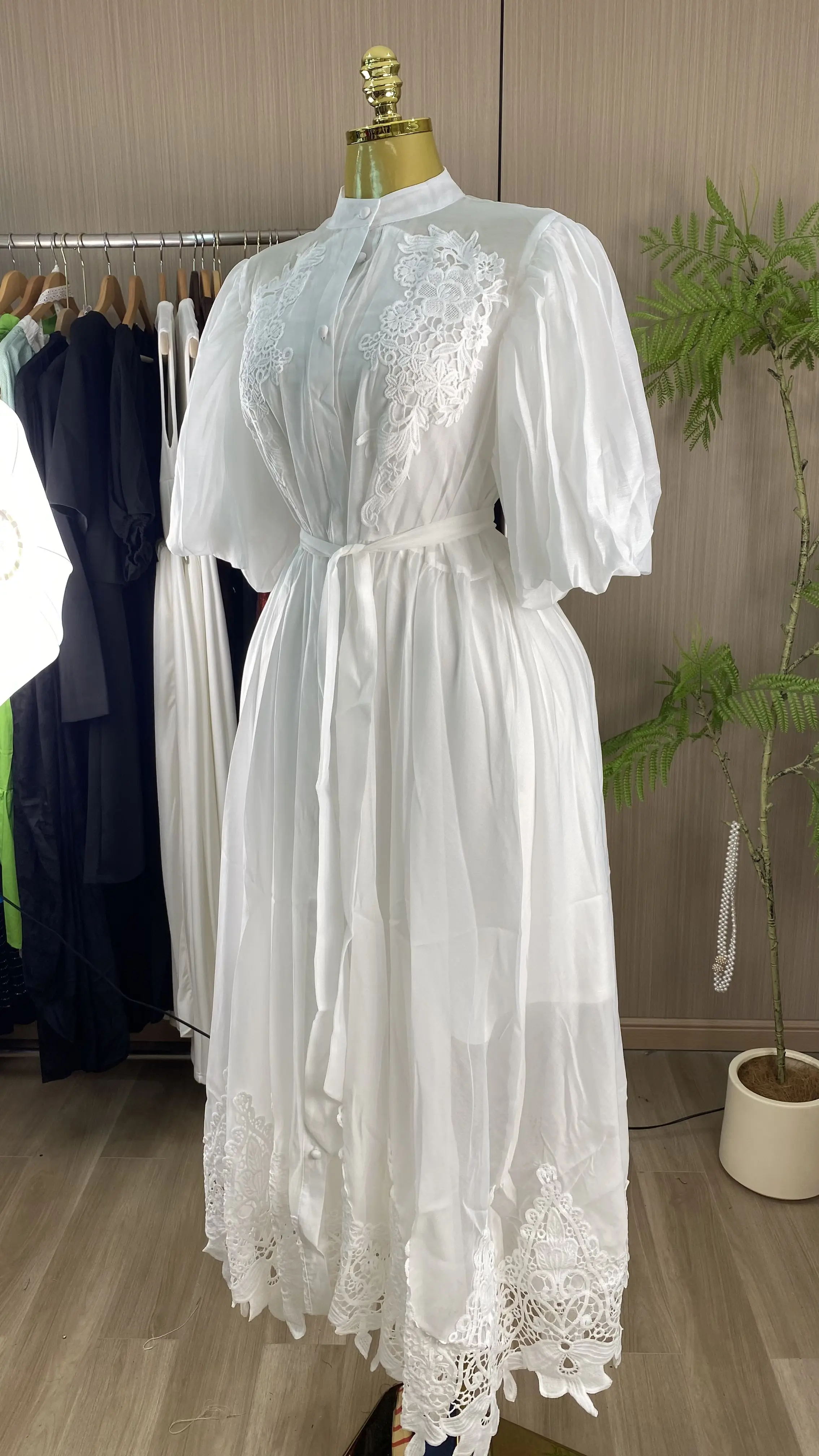 2026 Spring/Summer New Arrival: Lapel Single-Breasted Sleeve Loose-fitting Mid-Length Embroidered A-line Flared Dress-GZXX881